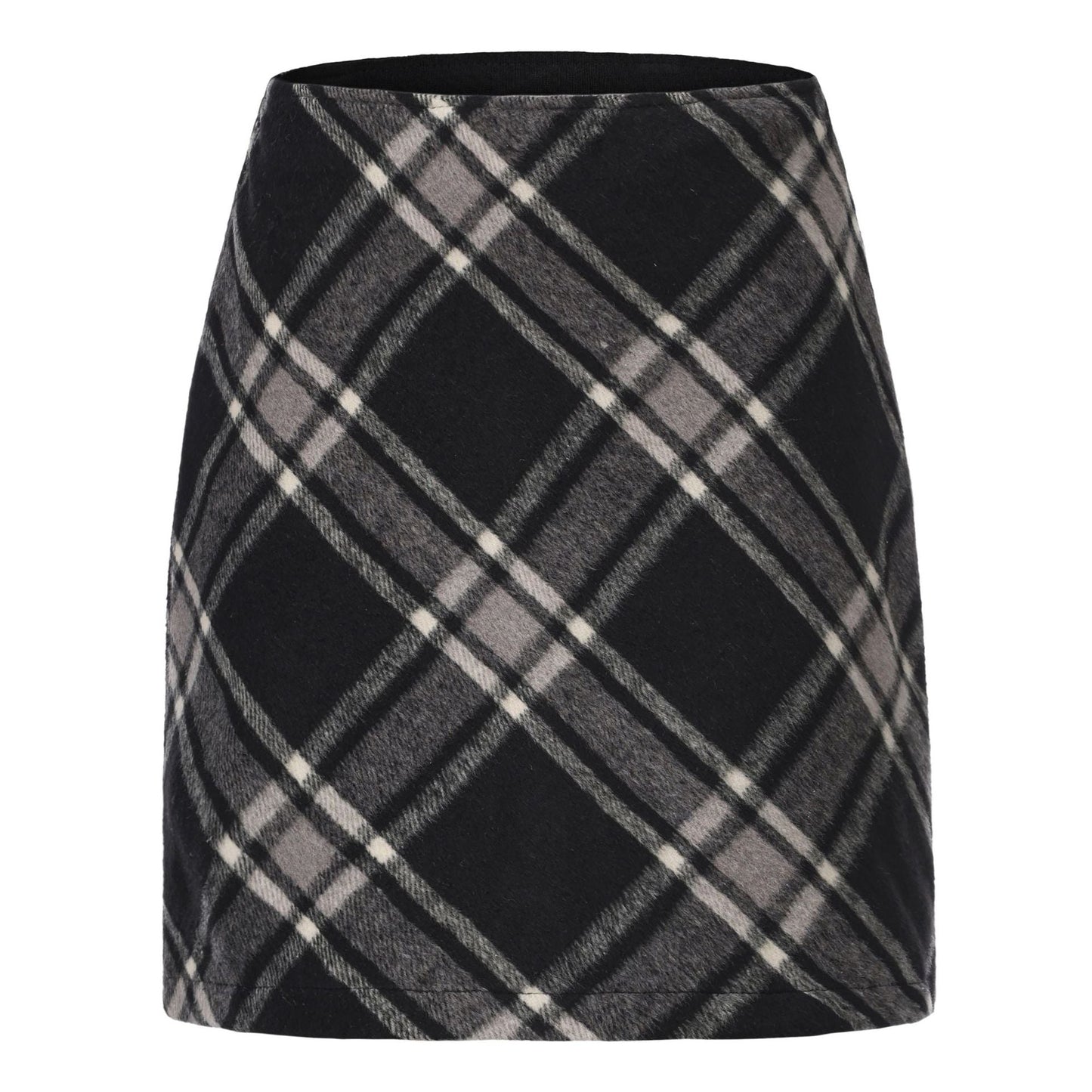 Women Clothing Autumn Winter Woolen Skirt Plaid High Waist Elastic Solid Color Zipper Skirt