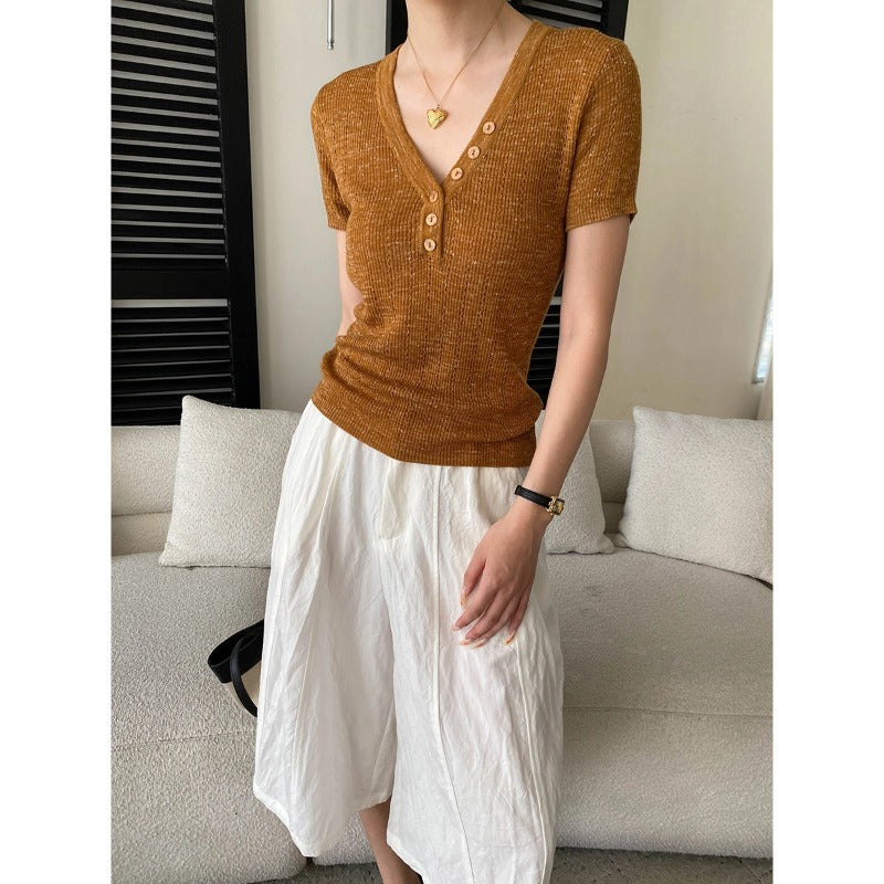 Smart Blogger Linen Half Button V neck Slim Slimming Hollow Out Cutout Short Sleeve Sweater