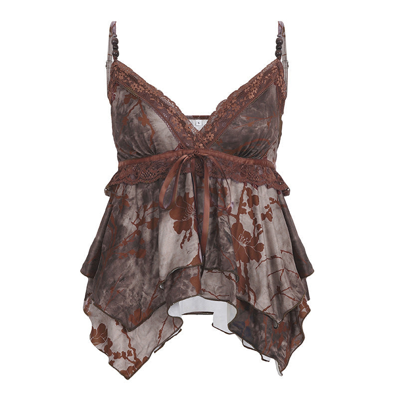 Summer Vacation Women Clothing V neck Sling Waist Irregular Asymmetric Retro Patchwork Top