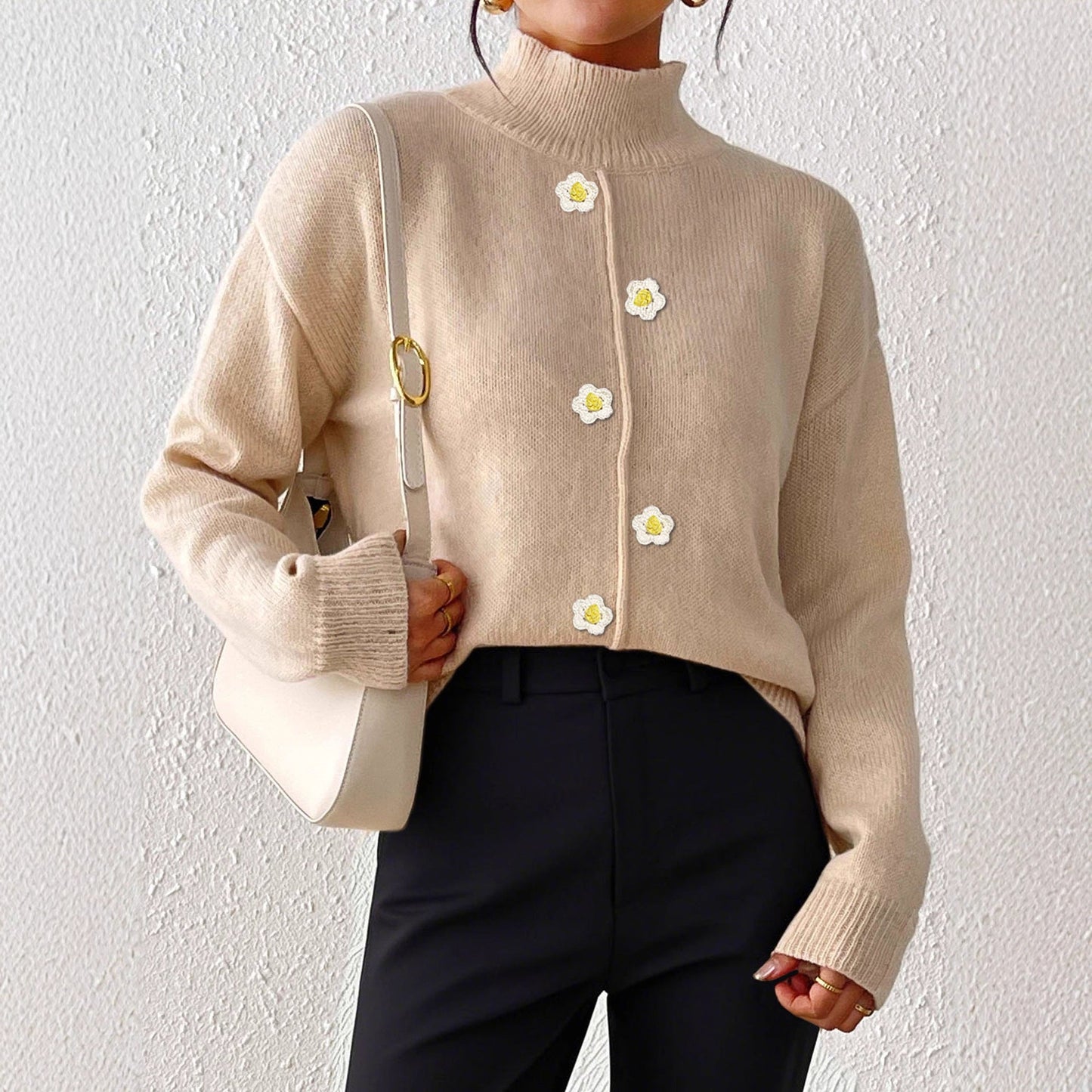 Women Clothing Half Turtleneck Pullover Three Dimensional Crocheted Decorative Bottoming Shirt Sweater