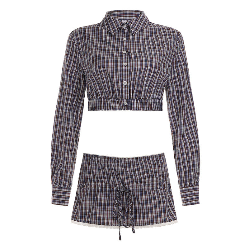 Sweet Spicy Girl Plaid Breasted Long Sleeve Short Shirt Women Autumn Slimming Skirt Short Skirt Two Piece Set