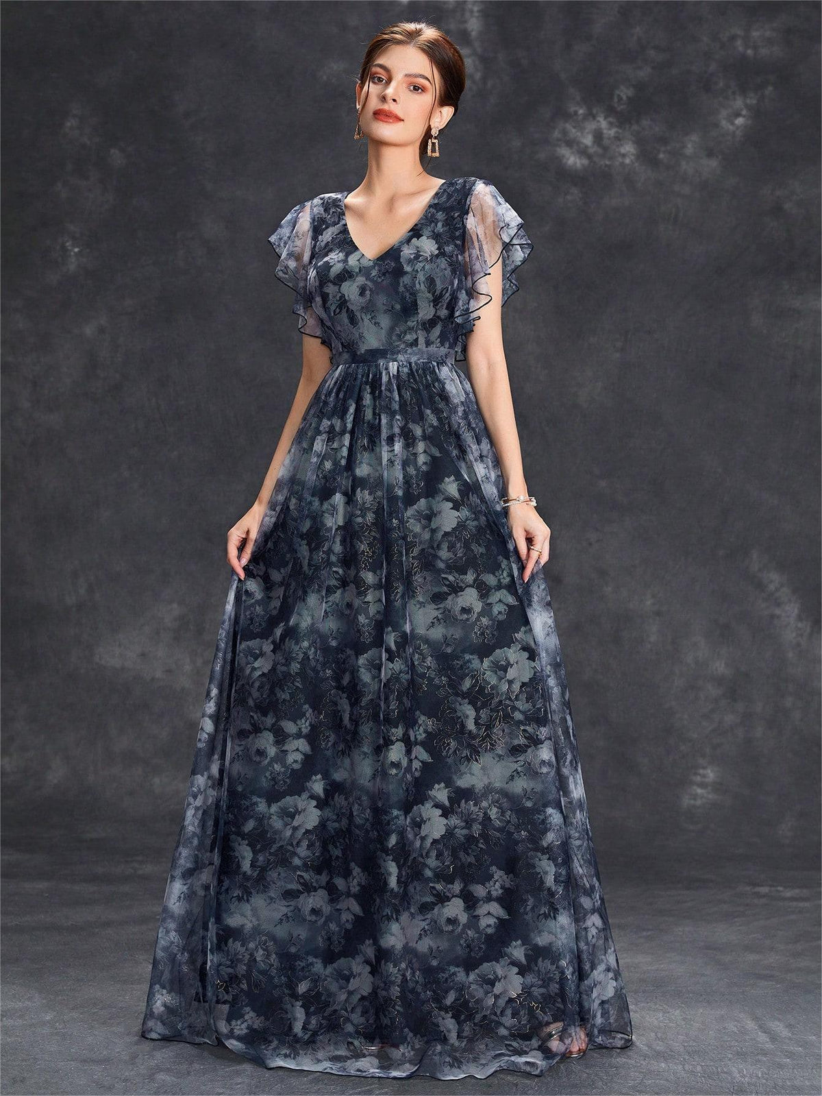 Evening Dress V neck Printed Mesh Ruffled Large Swing Party Dress Bridesmaid Dress Dance Dress Spring A Line