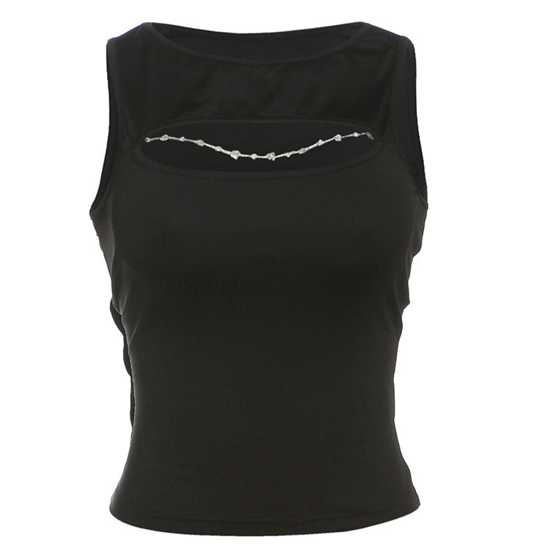 Summer Women Clothing Personality Chain Slim Fit Patchwork Sexy Cutout round Neck T shirt Vest for Women