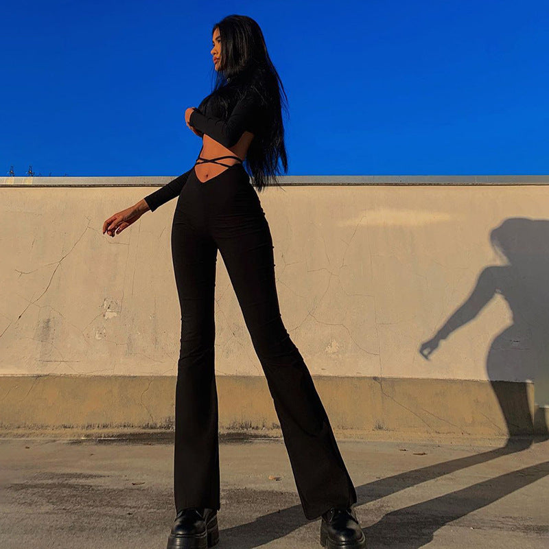 Spring New V Shaped Waist cropped Criss Cross Strap Solid Color Flared Casual Pants Women