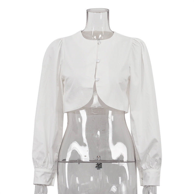 Simple Niche Design Cotton Women Shirt round Neck Long Sleeve All Matching Short Cardigan Top
