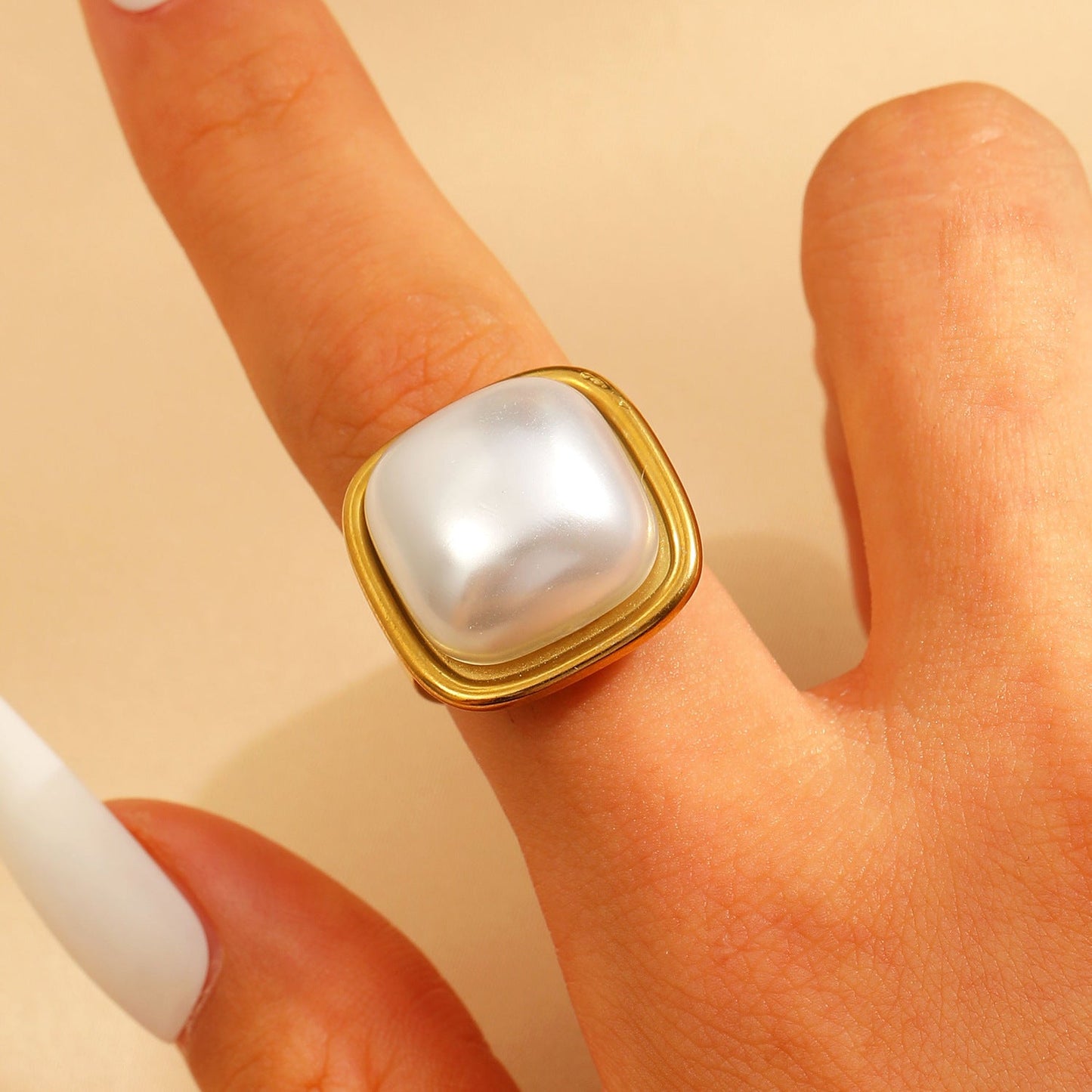Adjustable Open Stainless Steel Pearl Ring, 18K Gold Plated Oval Baroque Ring