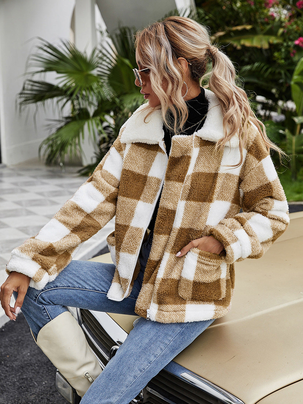 Autumn Winter Zipper Collared Plush Plaid Coat Loose Office Women Outerwear