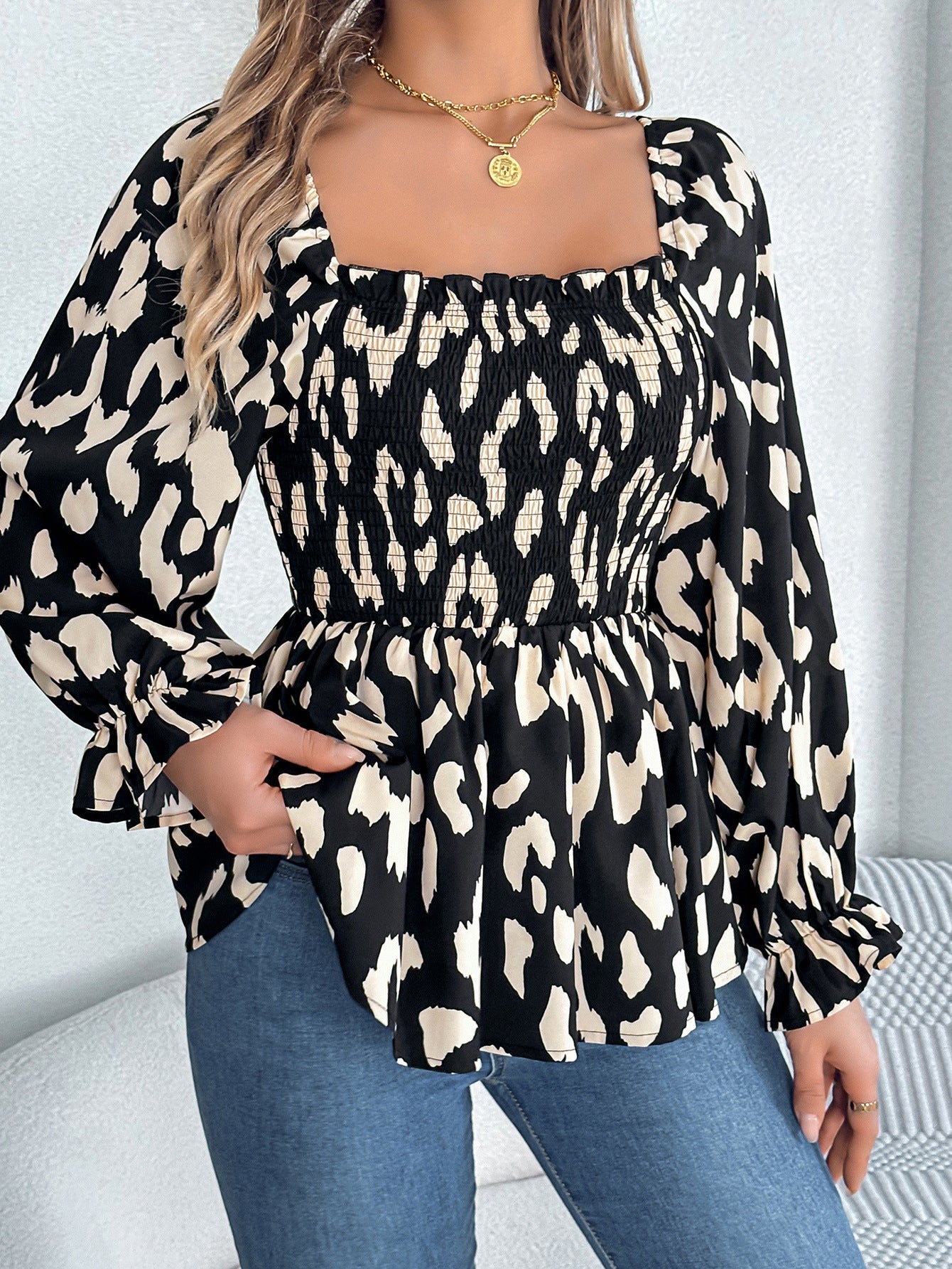 Real Shot Autumn Winter Casual Wooden Ear Square Collar Leopard Print Long Sleeve Chiffon Shirt Women Clothing