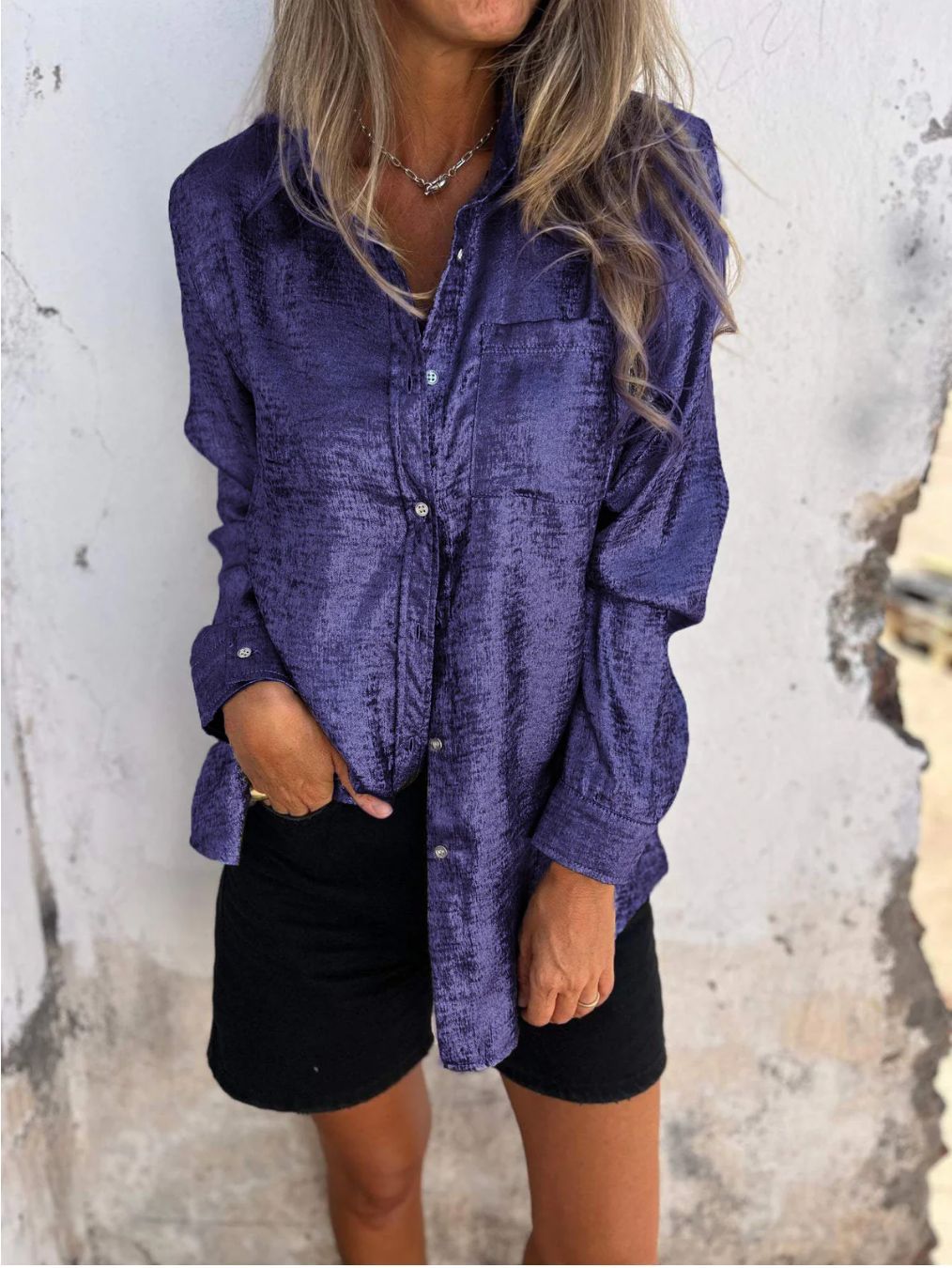 Spring Women Clothing Casual Suede Polo Collar Shirt