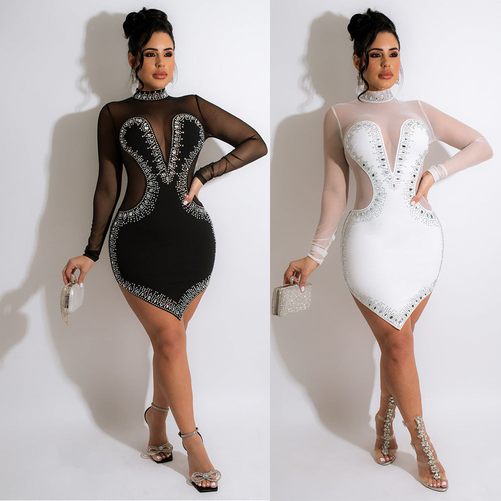 Summer Women Clothing Drilling Mesh See-through Long Sleeve Irregular Asymmetric Dress