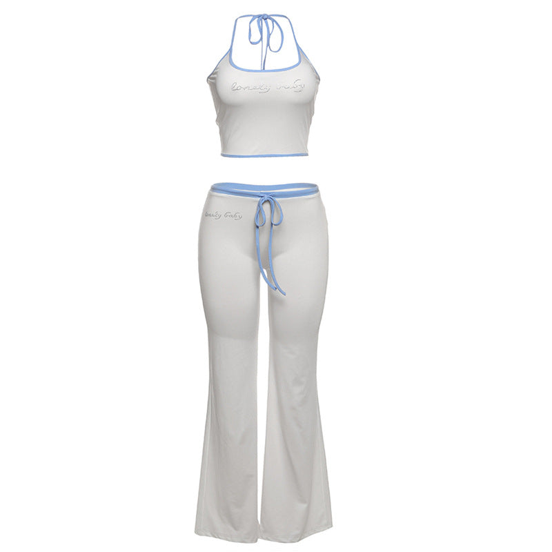 Spring Women Clothing Personalized Rhinestone Halter Spaghetti Straps Vest Contrast Color Slim Pants Set