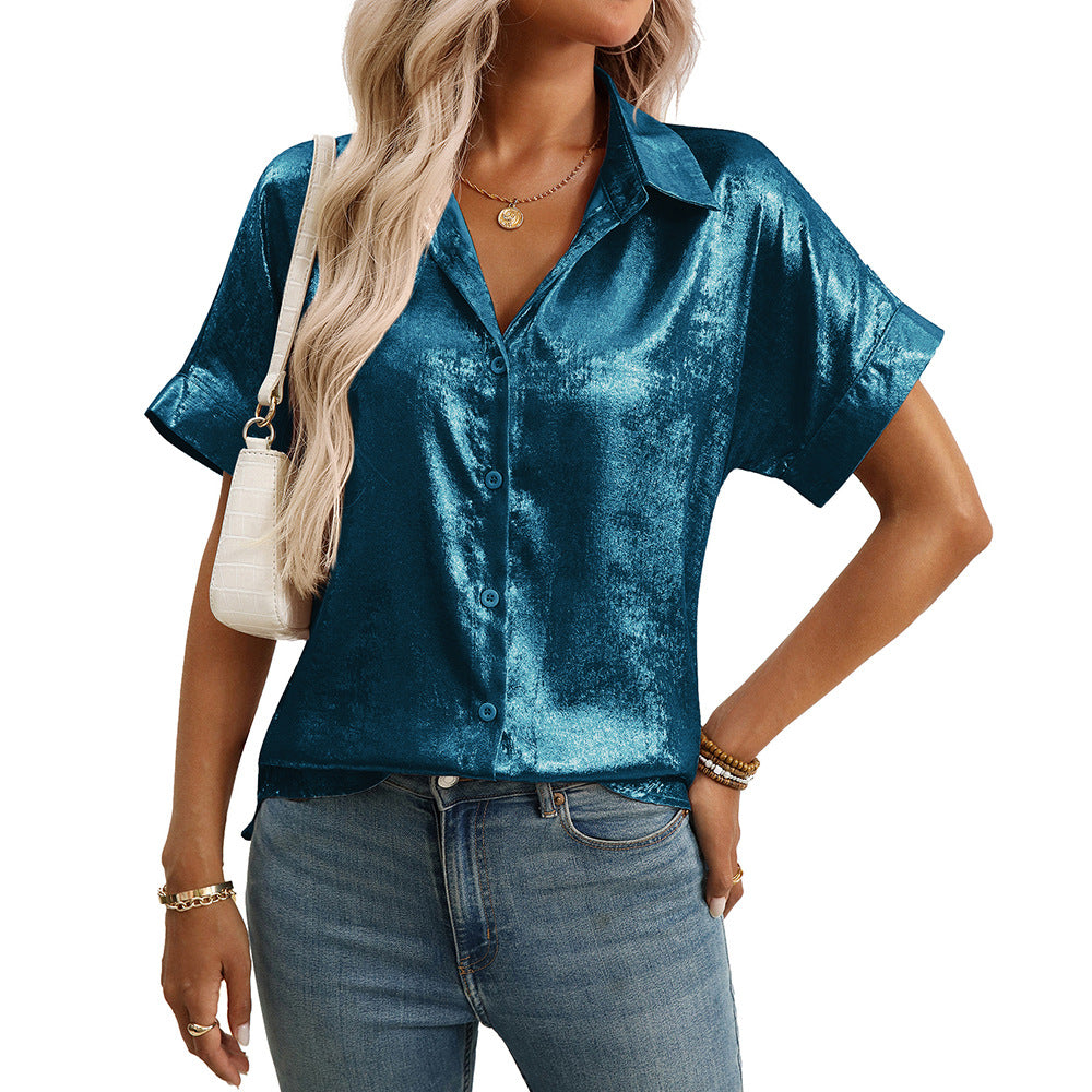 Summer Casual Loose Craft Short Sleeve Collared Metallic Shirt