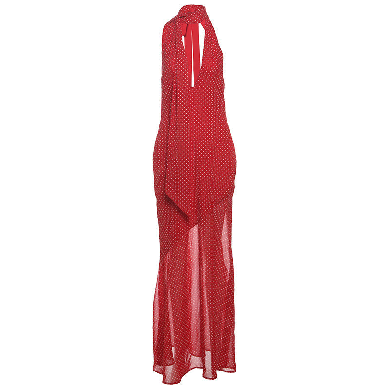 Spring Summer Women Clothing Sexy Polka Dot Halter Lace up Backless Slim Fit Scarf Collar Dress