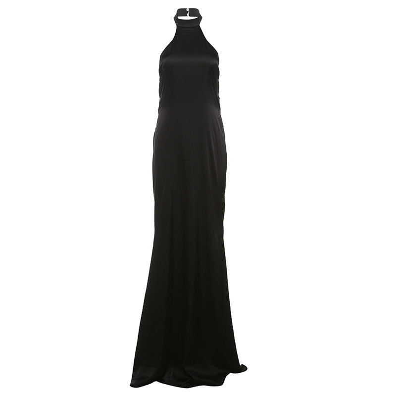 Spring Sexy Slim Fit Halter Backless Lace up Solid Color Dress Elegant French Evening Dress Women