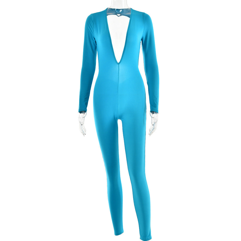 Autumn Deep V Plunge neck Long Sleeved Leggings Women Sexy Backless Tight Jumpsuit
