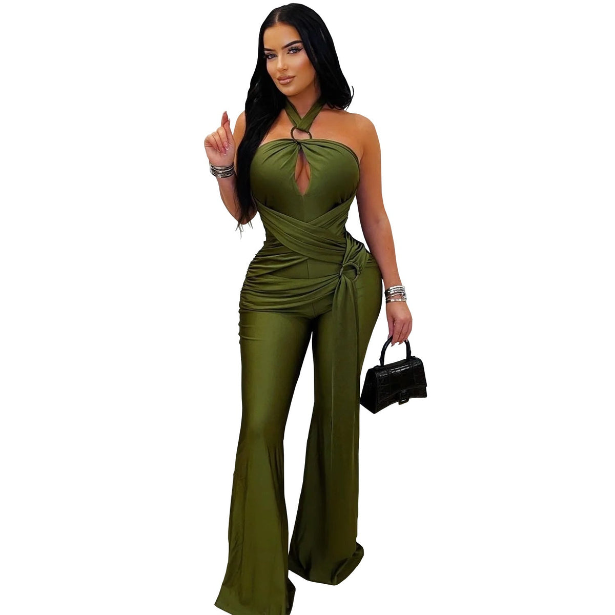Women Wear Solid Color Elegant Halter Wide Leg Arm Covering Jumpsuit