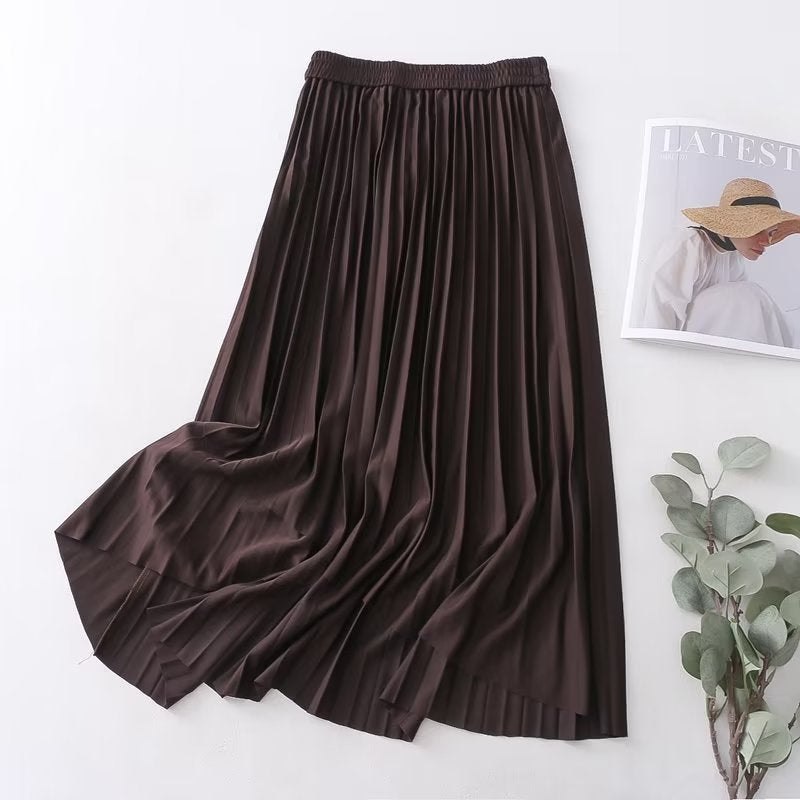 Pleated Skirt Korean Women Clothing Autumn High Waist Elastic Waist Mid Length Skirt