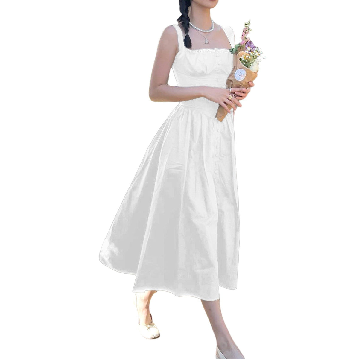 Floral Midi Corset Dress with Square Neck - Women's Smocked Lace-Up Sundress for Wedding Guest & Beach Holiday Parties