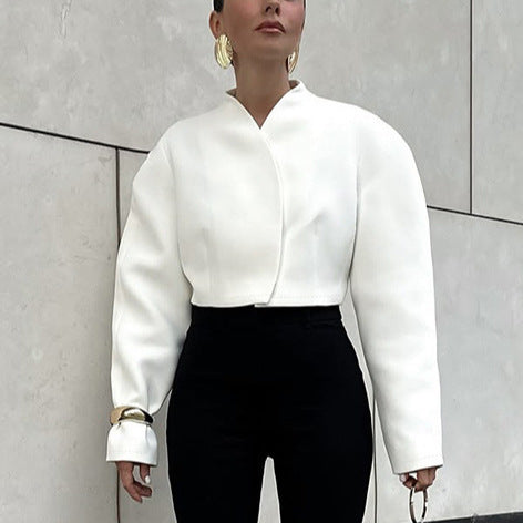 Autumn Stylish Graceful Simple V neck Machete Long Sleeve Loose Fitting Short Coat Women