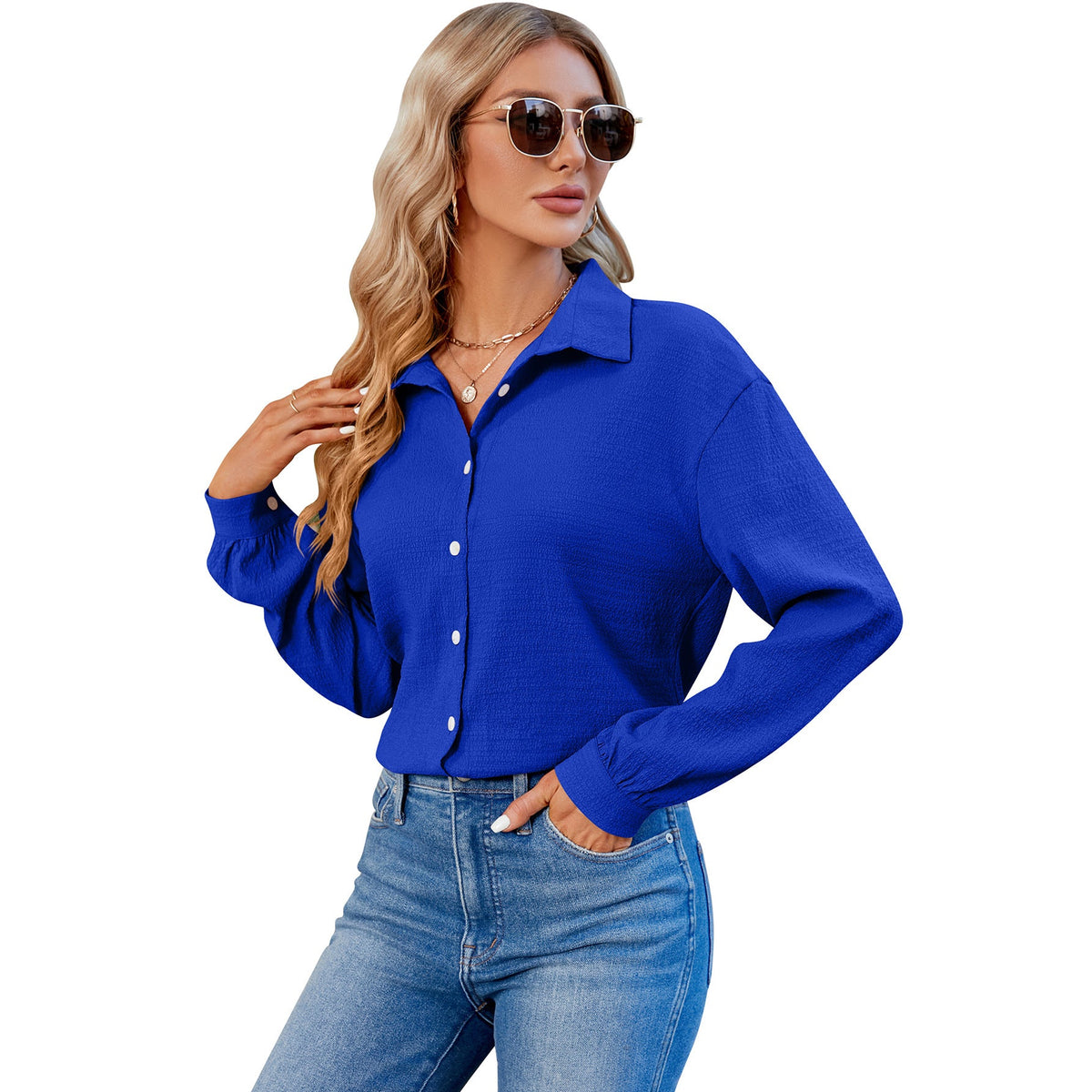 Women V Neck Button Down Shirt Solid Color Bubble Wrinkle Loose Long Sleeve Shirt Top