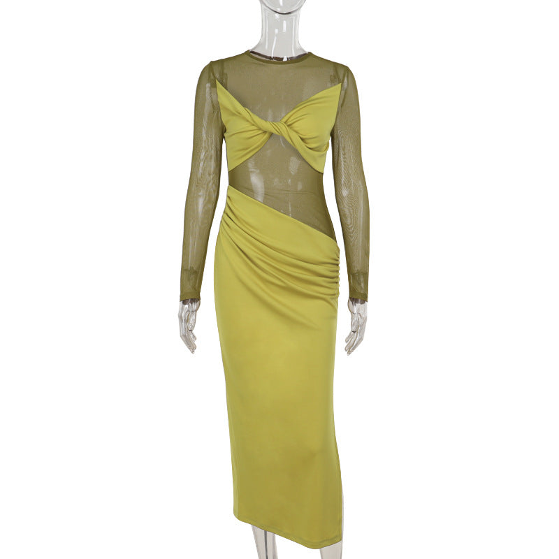 Mesh Stitching Sexy Sheer Long Sleeve Dress Women Maxi Dress