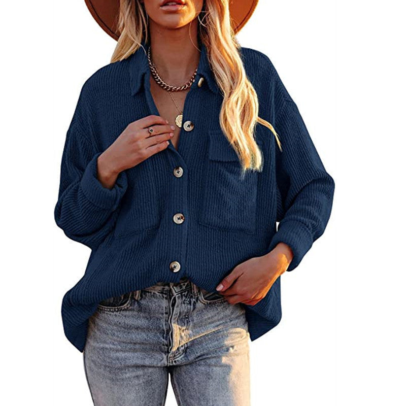 New Autumn Winter Shacket Solid Color Loose Corduroy Pocket Long Sleeve Outerwear