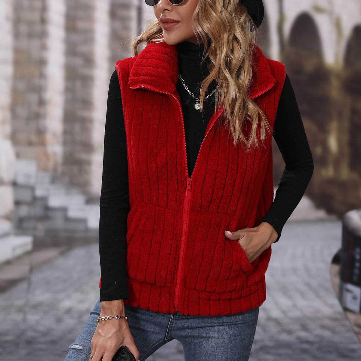 Fall Women Collared Sleeveless Loose Striped Zipper Plush Casual Jacket