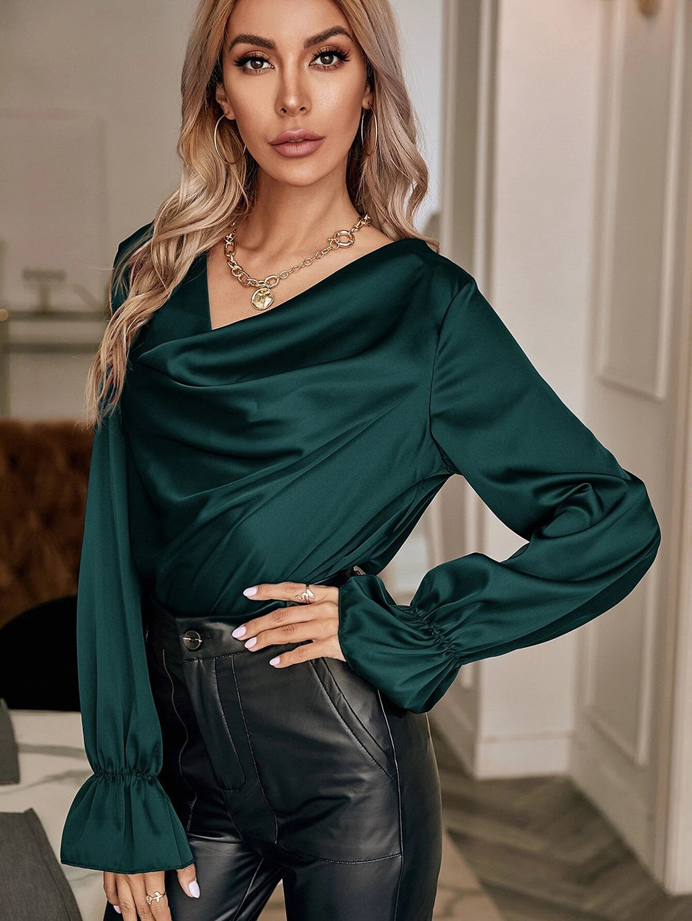 Autumn Winter Elegant Graceful Satin Pullover Pile Collar Straight Women Shirt