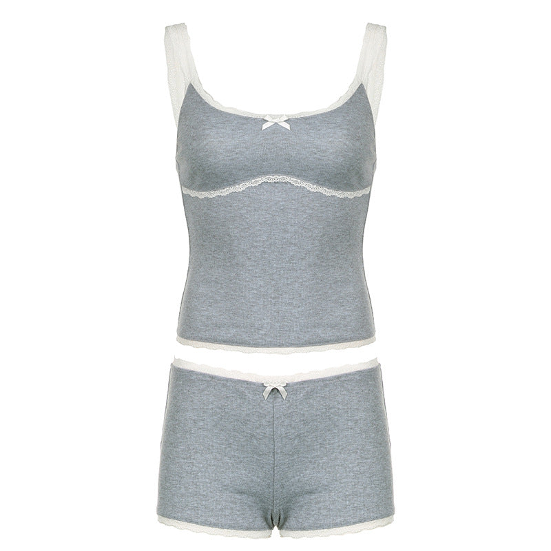 Women Lace Contrast Color Suspenders Vest Shorts Set Thread Comfort Casual Two Piece Sets