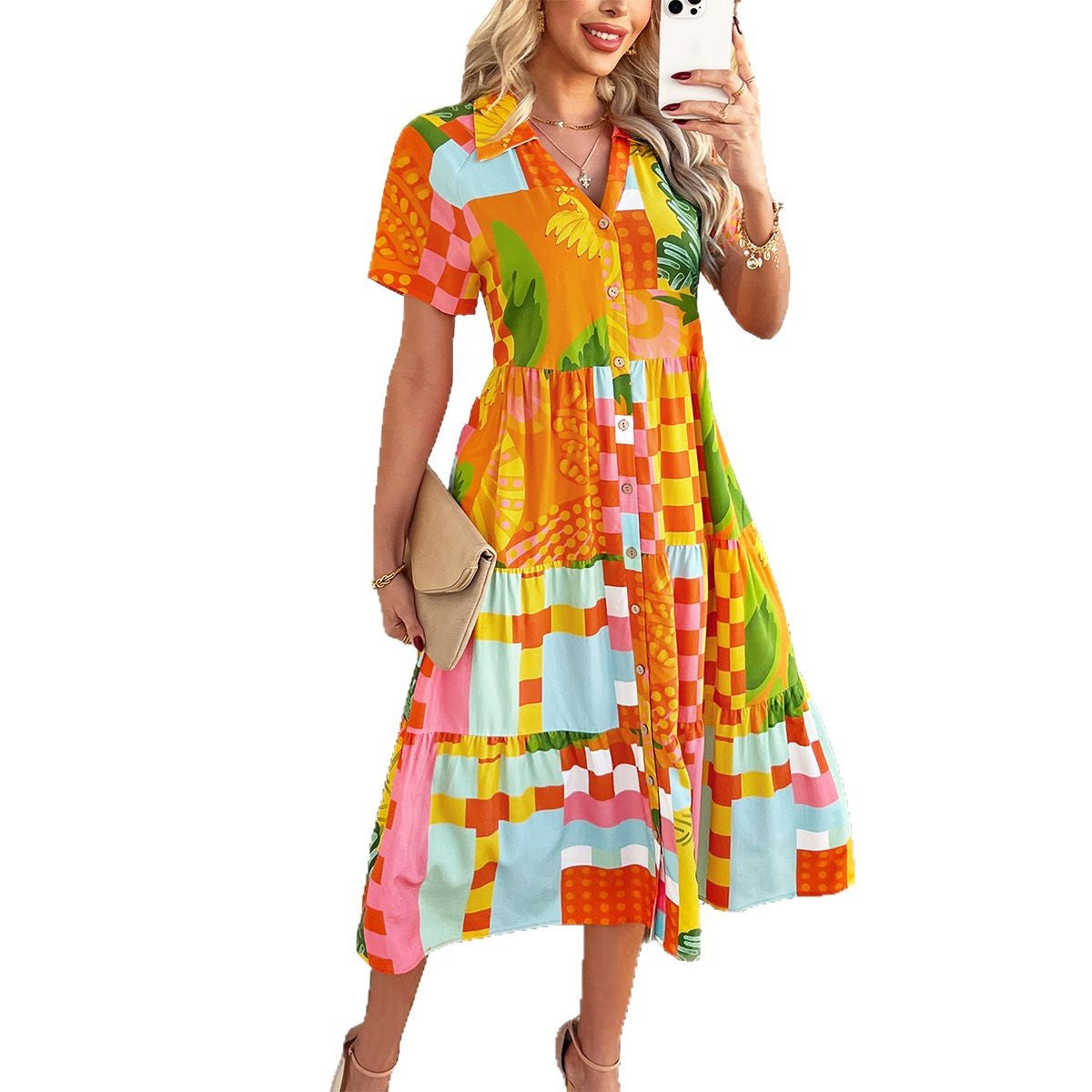 Spring/Summer Casual Bohemian Vacation High Waist Geometric Contrast Dress Sub Women's Clothing