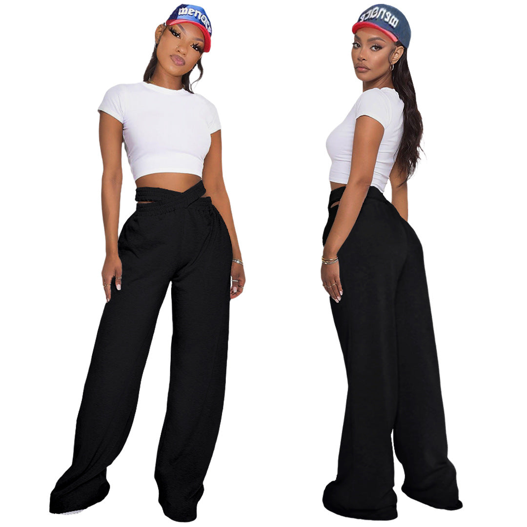 Women Clothing Nightclub Uniforms Solid Color Double-Layer Waistband Sports Casual Wide-Leg Pants