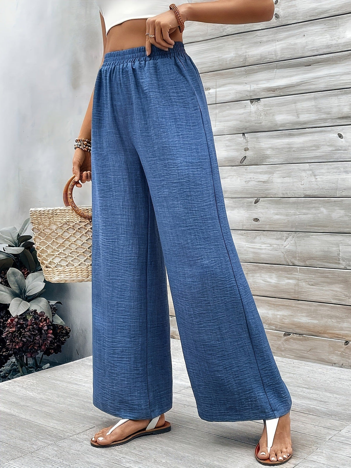 Ladies Spring Autumn Wide Leg Pants Mid Waist Elastic Waist Casual Trousers