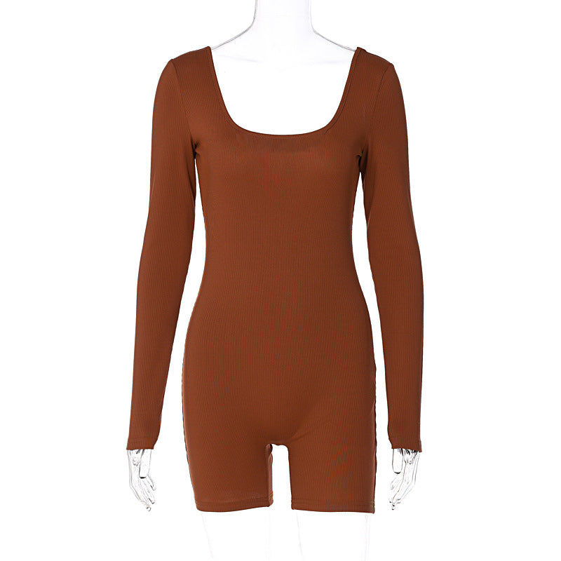 Women Clothing Winter Solid Color Rib U Neck Long Sleeved Slim Fit Hip Raise Sports Jumpsuit Women