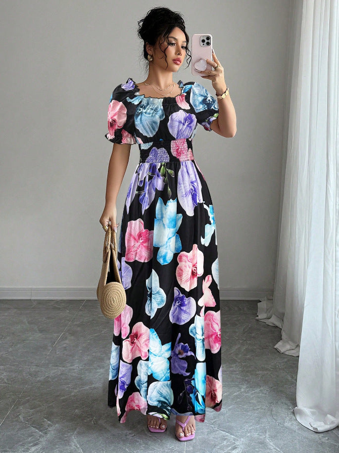 Summer Bubble Sleeve High Waist Tight Waist Women Printed Wear Large Swing Sling Dress