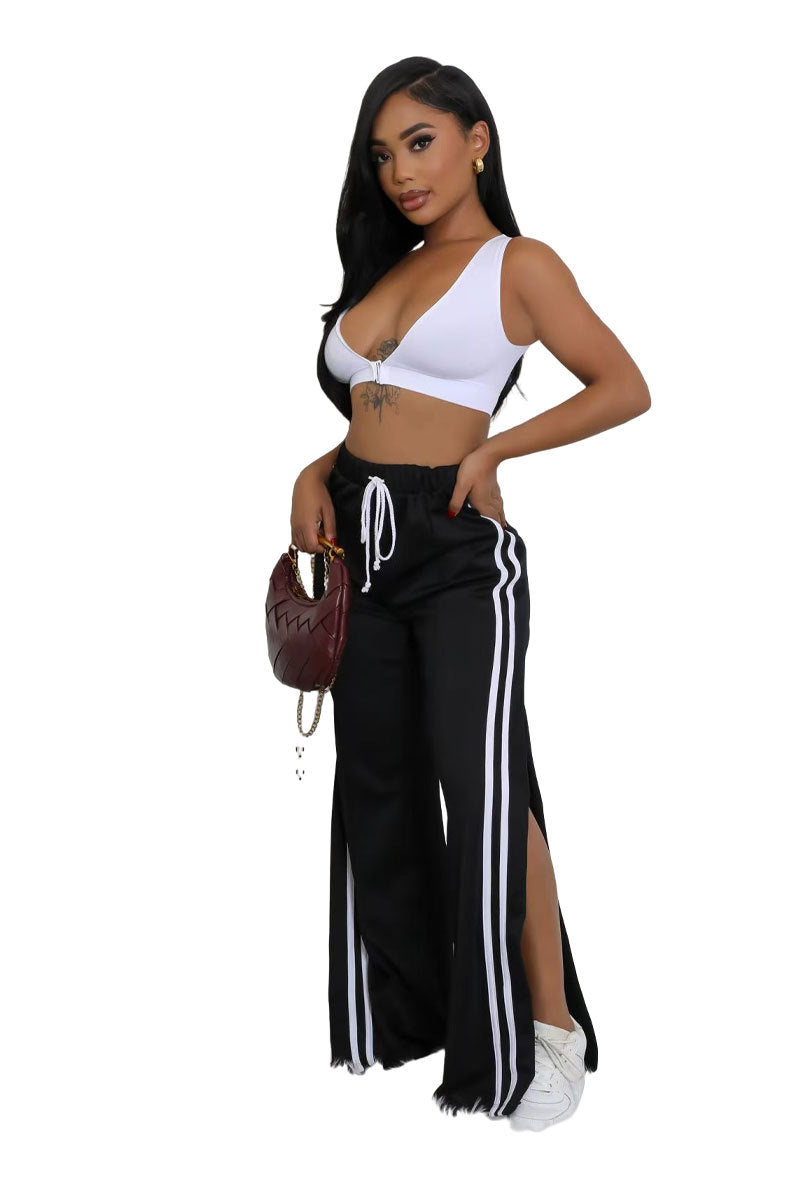 Casual Women Wear Supply Loose Striped Solid Color Sports Wide Leg Pants Trousers