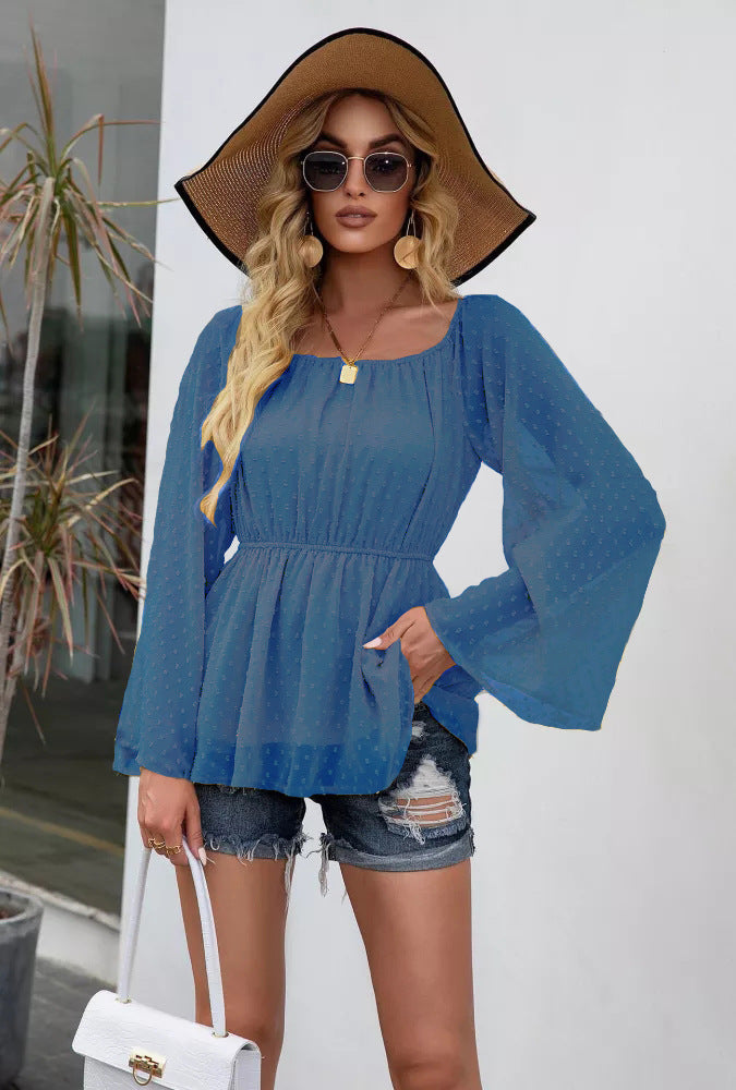 Mature Elegant Pullover Long Sleeve Square-Neck off-Neck Slim Shirt for Women