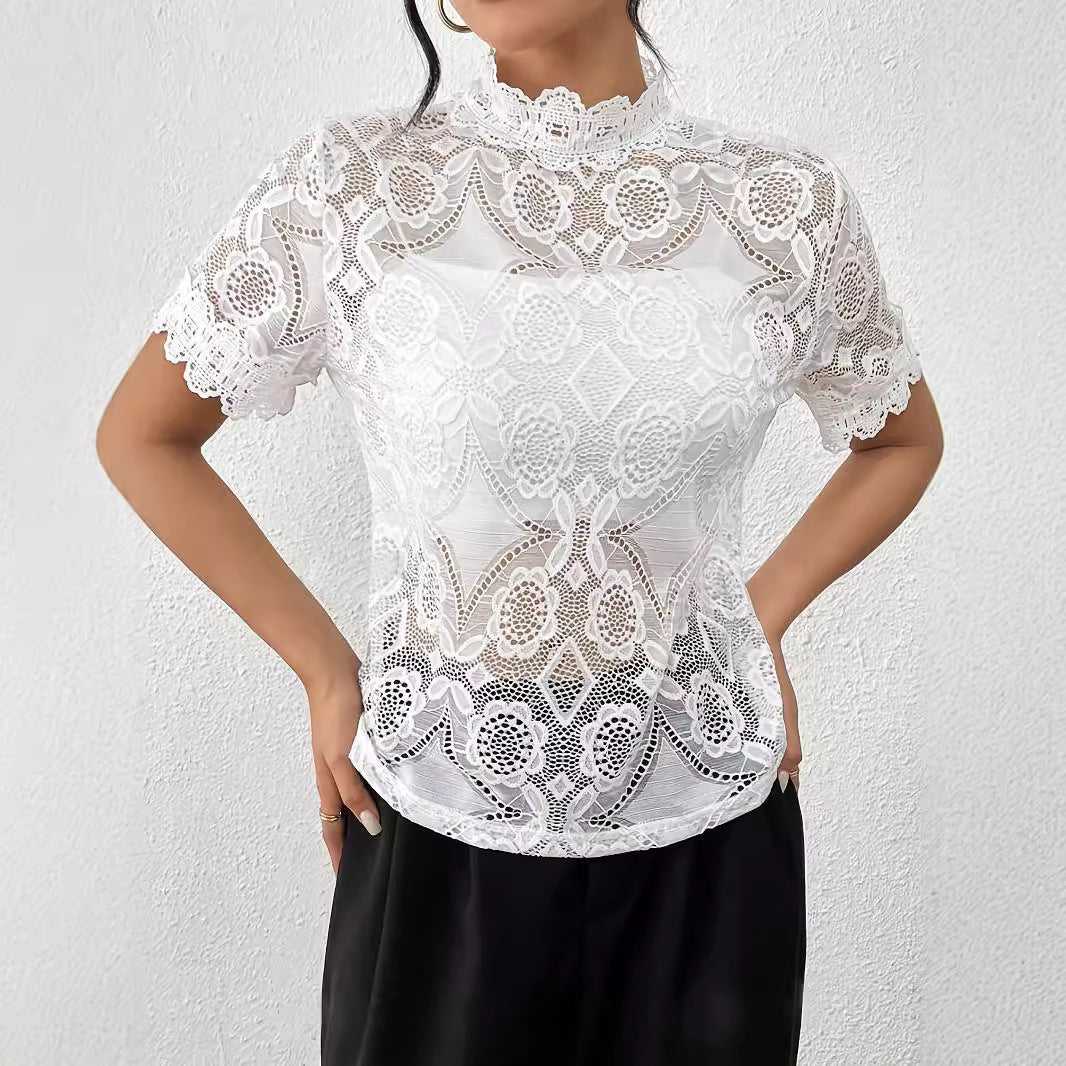 Elegant Solid Color Small Stand Collar Lace Stitching Lace Short Sleeve T shirt Top Women Clothing