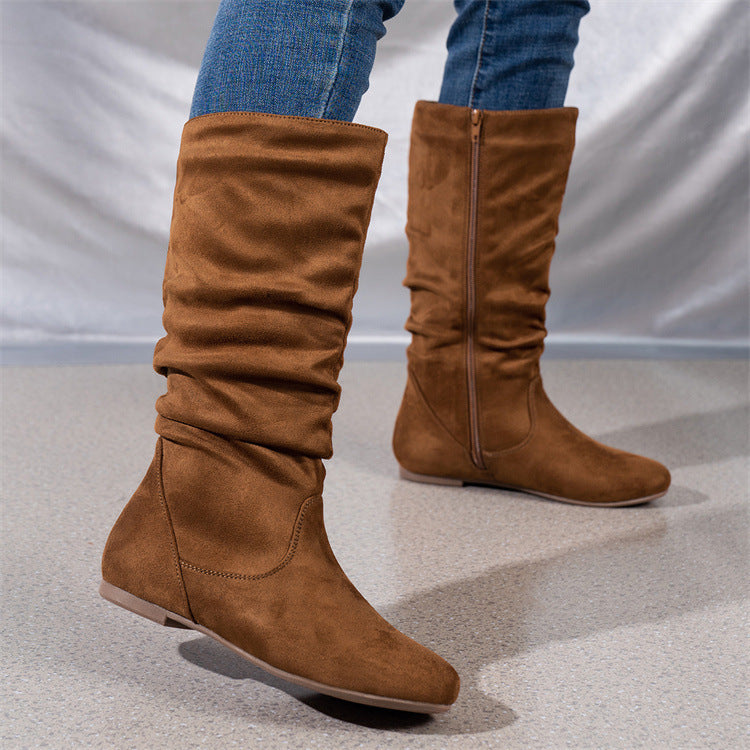 Pleated ide Zipper Flat Casual Women Boots Flat Boots Ankle Boots