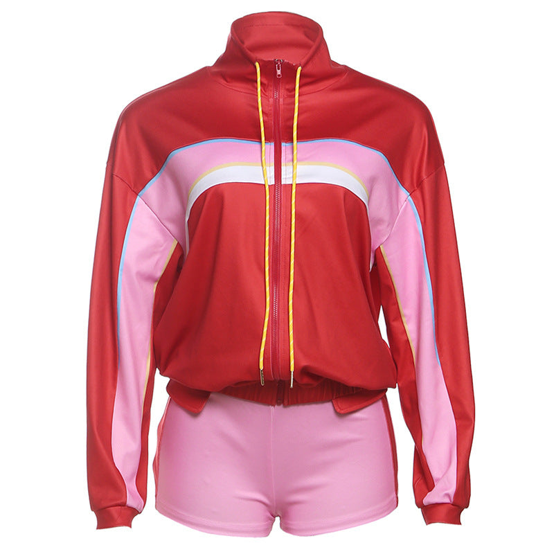 Summer Women High Collar Long Sleeve Top Hip Shorts Sports Casual Set
