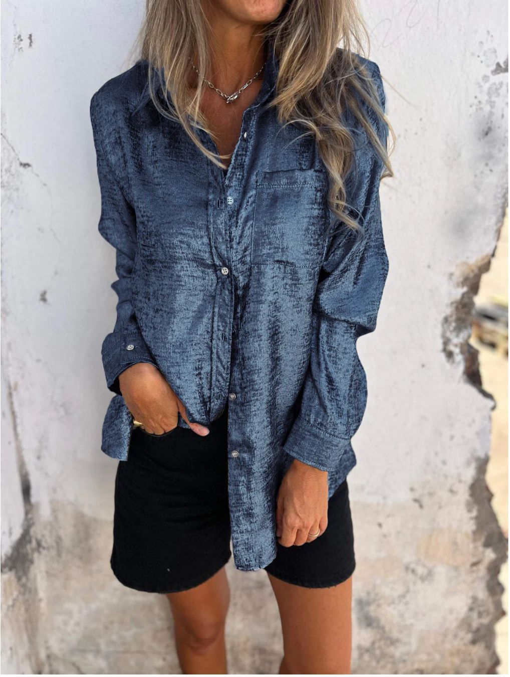 Spring Women Clothing Casual Suede Polo Collar Shirt