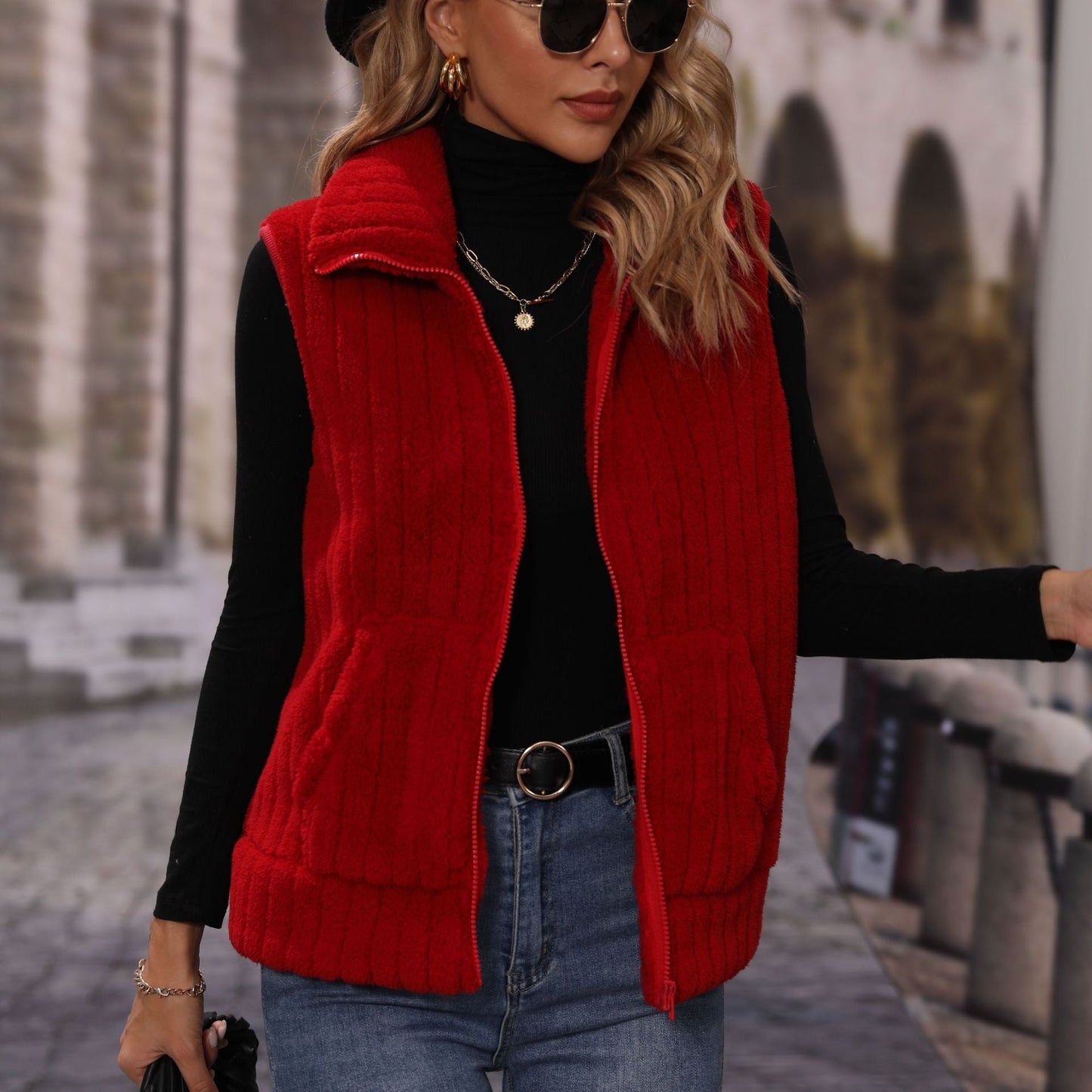 Fall Women Collared Sleeveless Loose Striped Zipper Plush Casual Jacket