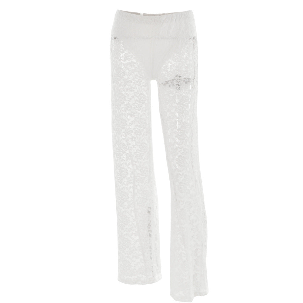 Summer Sexy All Matching Lace See through High Waist Stitching Long Straight Leg Pants