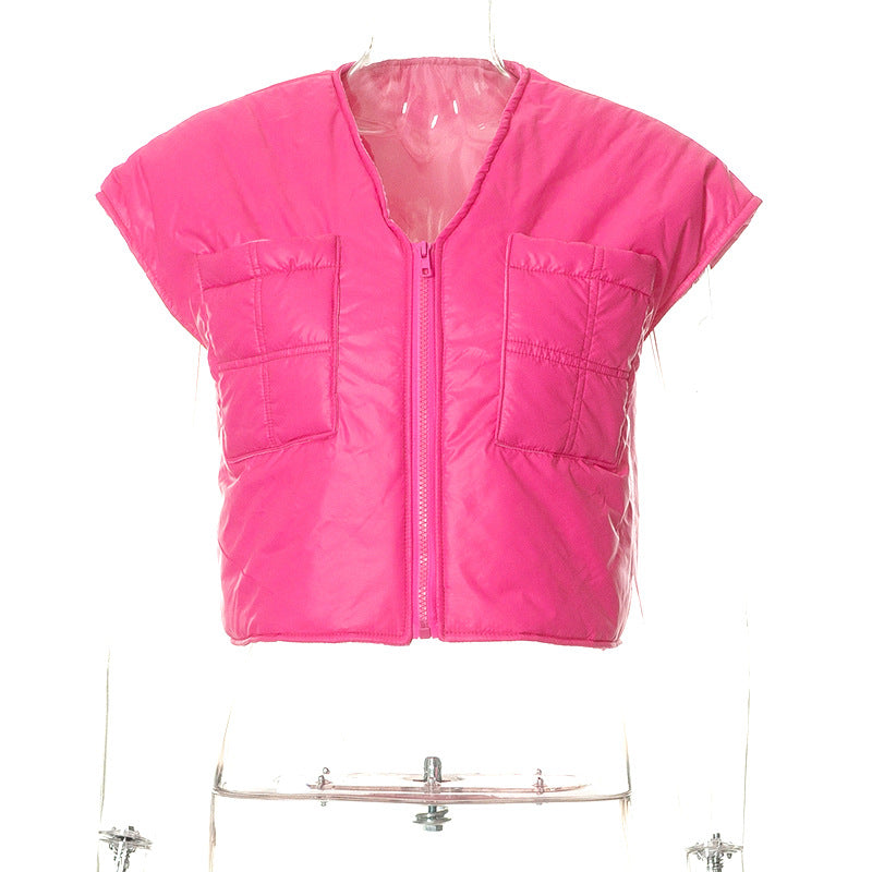 Winter Solid Color Sleeveless Zipper Pocket Casual Women Clothing Cotton Padded Jacket Vest Top