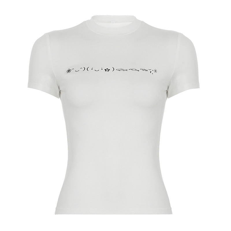 Summer Cute Emoji Printed Shoulder Short Sleeve T shirt Sexy Women Slimming Slim Fit Crop Top