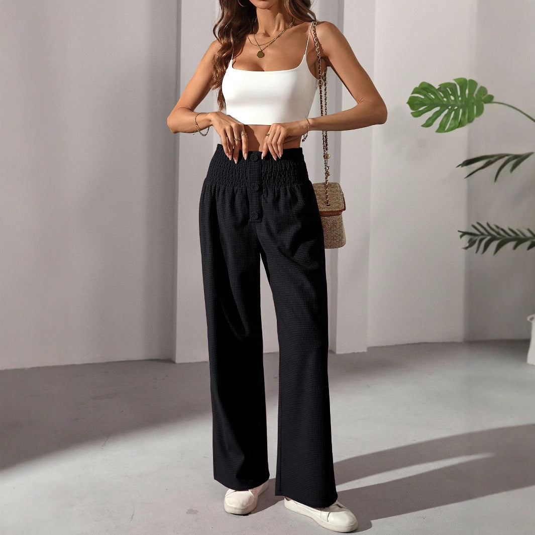 Early Autumn All Match Solid Color High Waist Wooden Ear Waist Straight Casual Elegant French Women Trousers