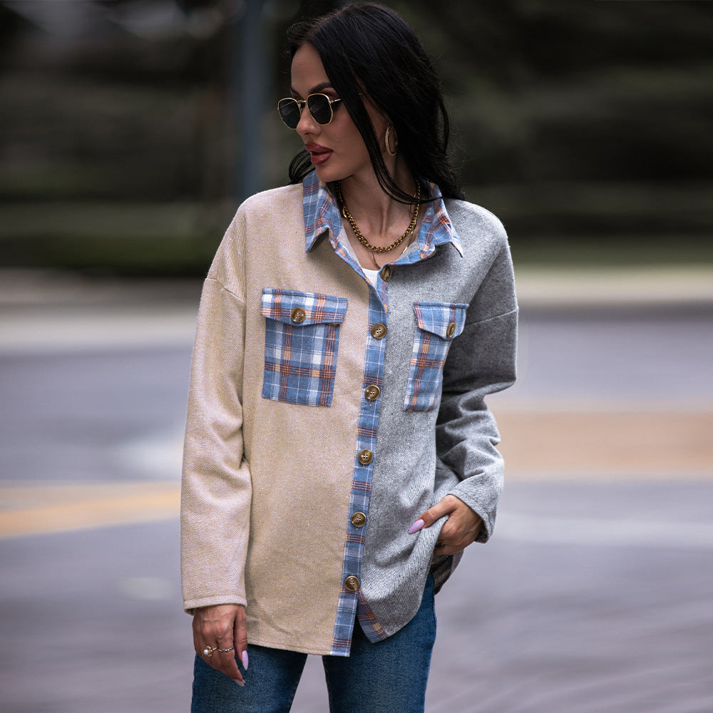 Women Autumn Winter Casual Waffle Knitted Jacket Loose Plaid Boyfriend Shirt