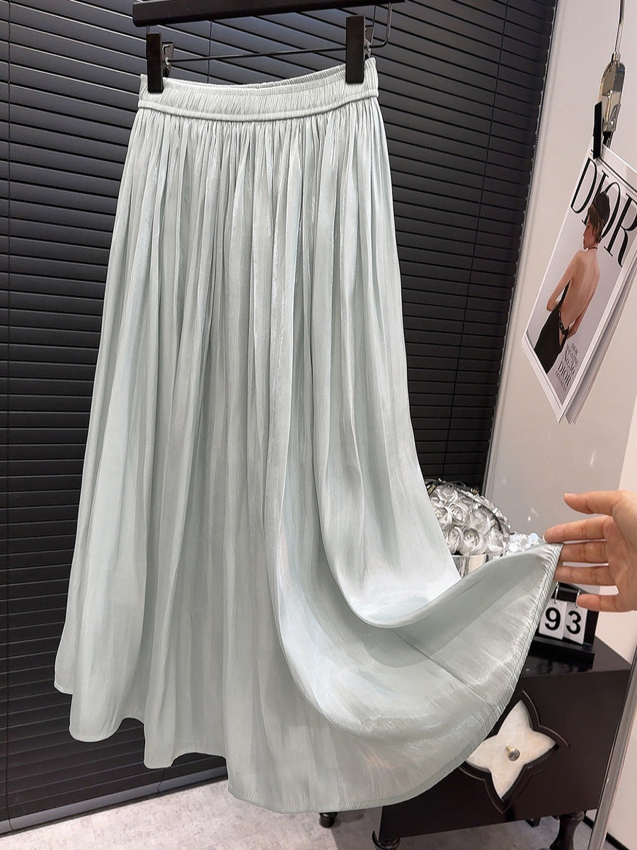 High Grade Glossy Pearlescent Chiffon Pleated Skirt Retro Fashionable Pleated Drooping Slimming High Waist A line Skirt