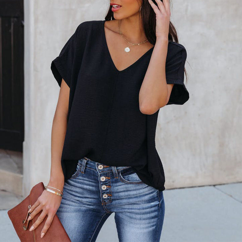 Summer Casual Loose Simple Solid Color Short Sleeve Chicken Hearts V neck T shirt Short Top for Women