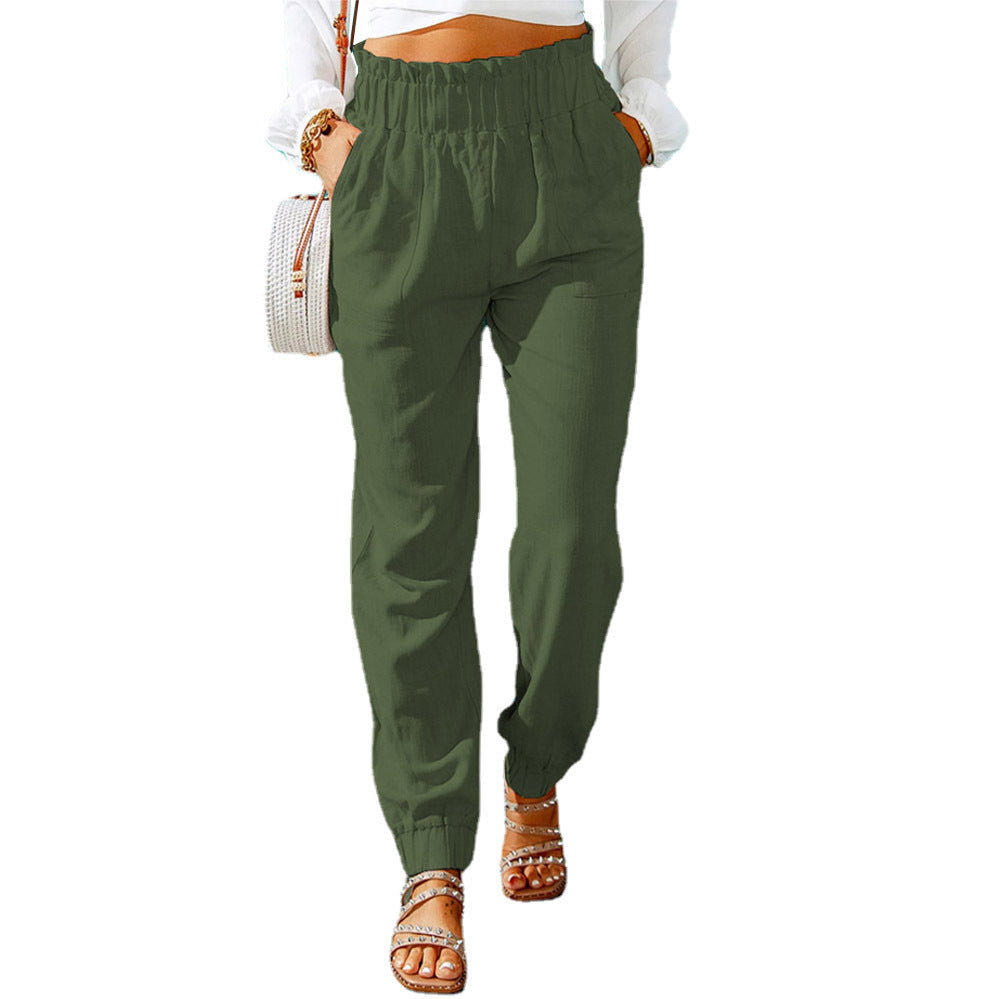 Women Clothing Spring Ruffled Elastic Waist High Waisted Trousers