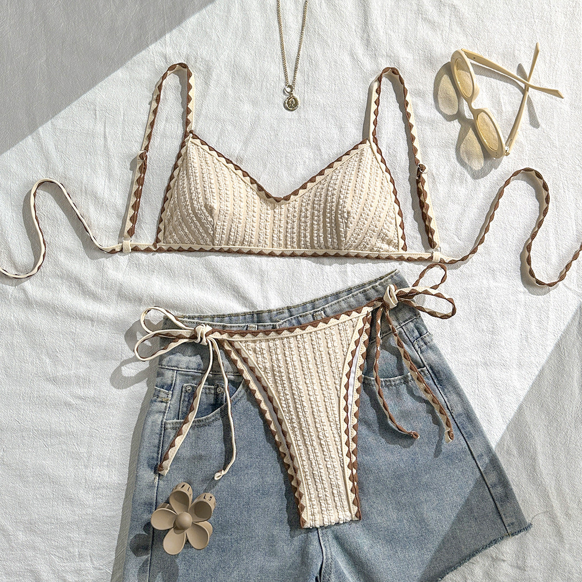 Texture Bikini Women Contrast Color Lace up Split Swimwear Swimsuit Bikini